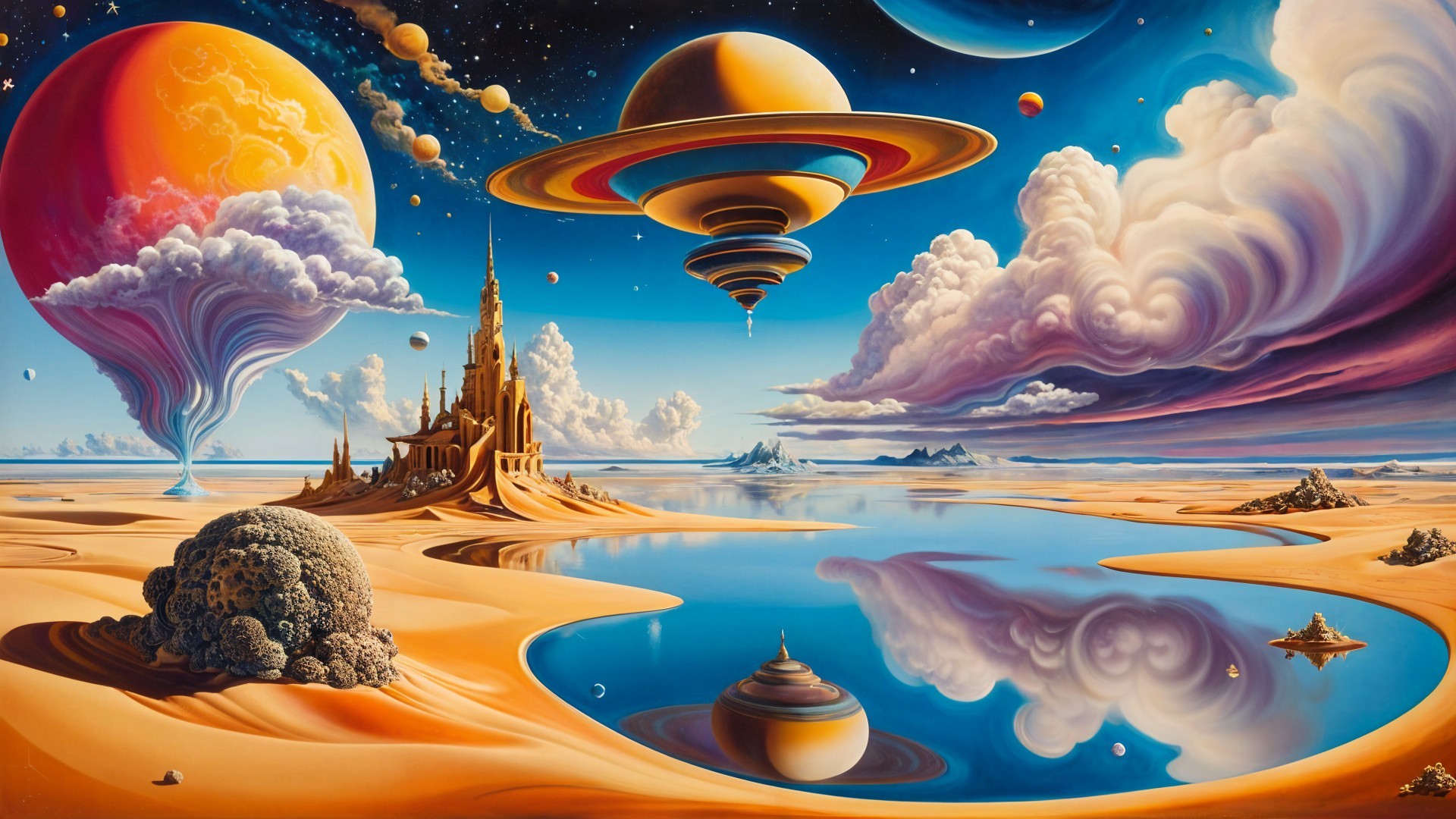 Surreal Landscape with Vibrant Planets and Castle