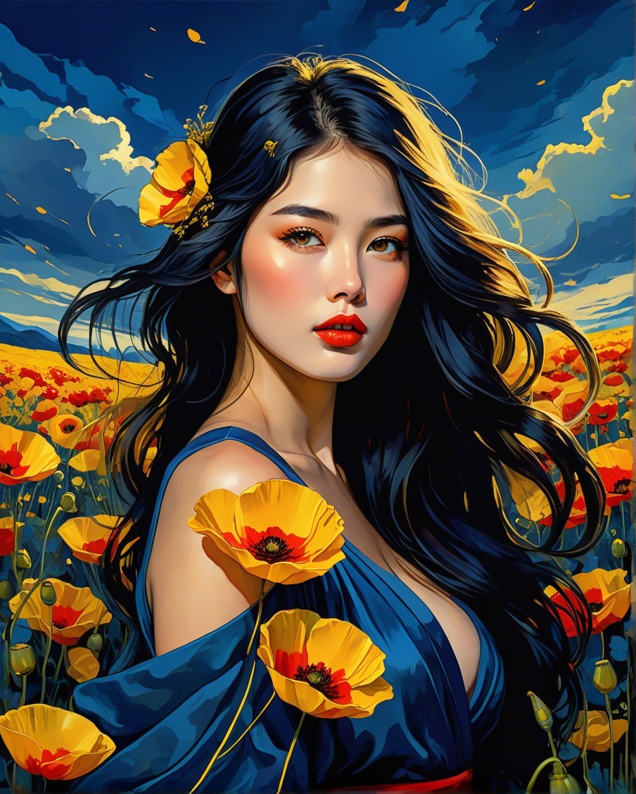 Young woman in blue dress among orange poppies