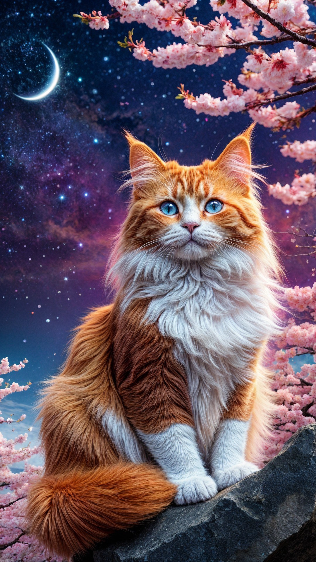 Orange and white cat amid cherry blossoms and stars