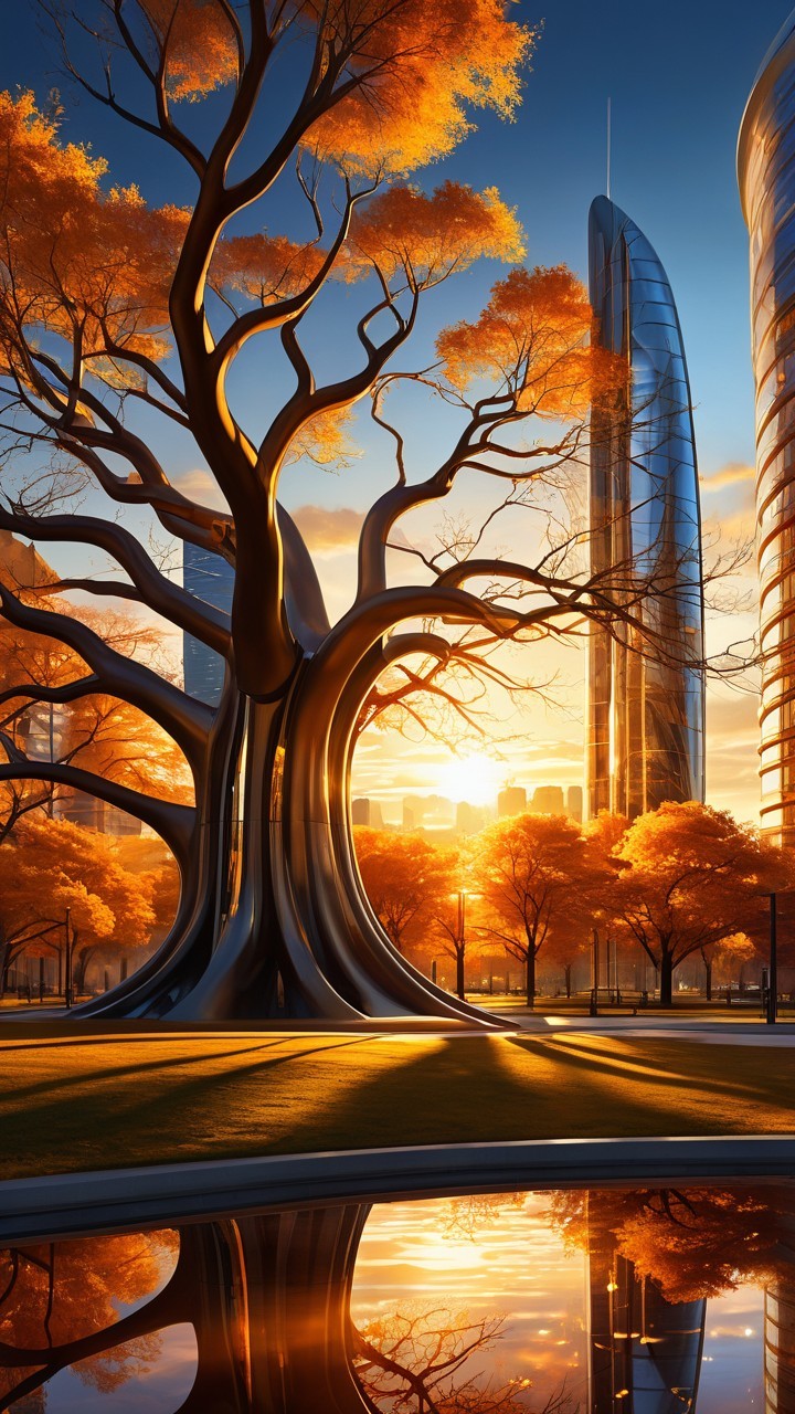 Autumn Tree Against Modern Skyscrapers at Sunrise