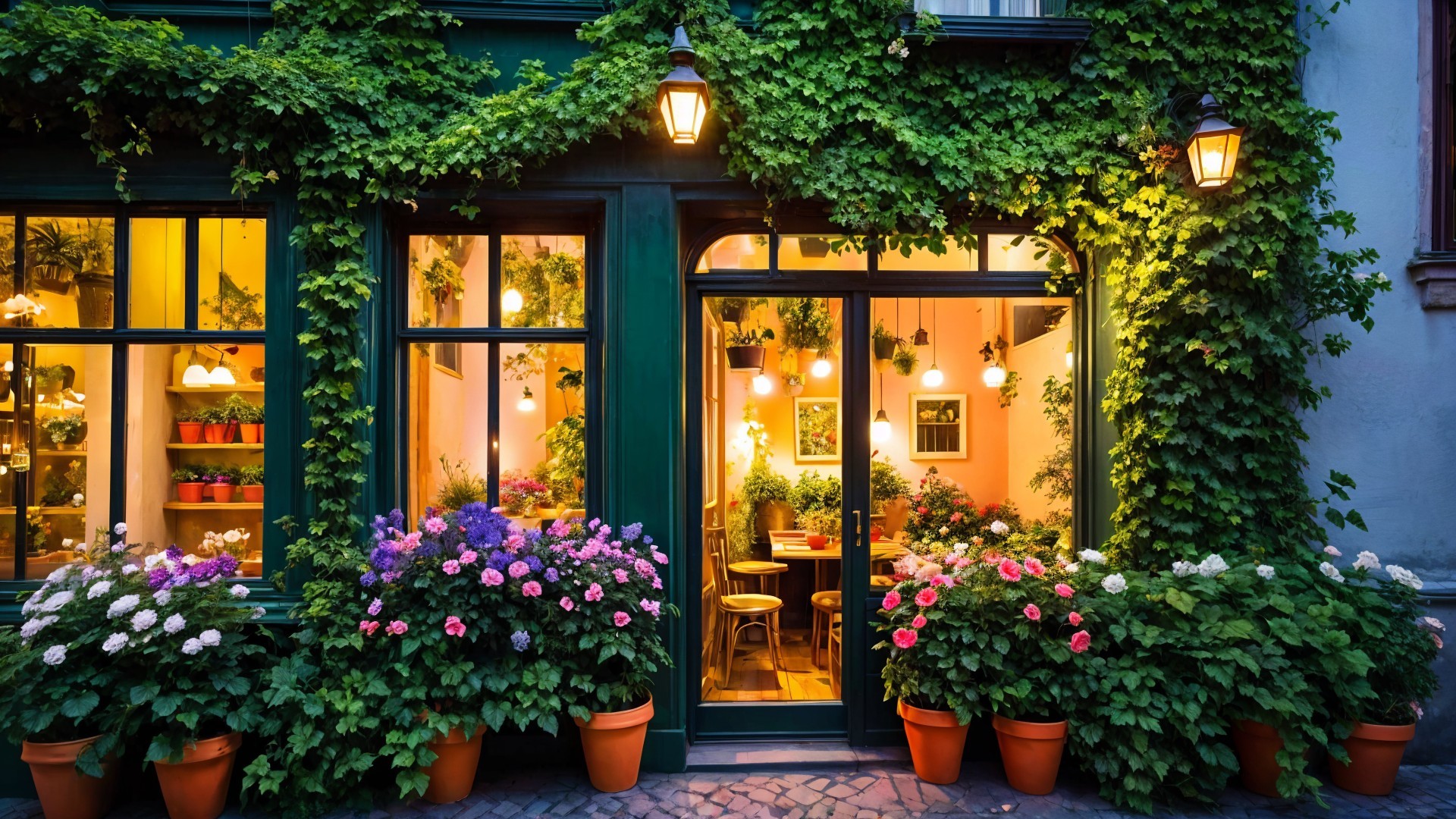 Ivy-Clad Café Entrance with Flower Pots and Greenery