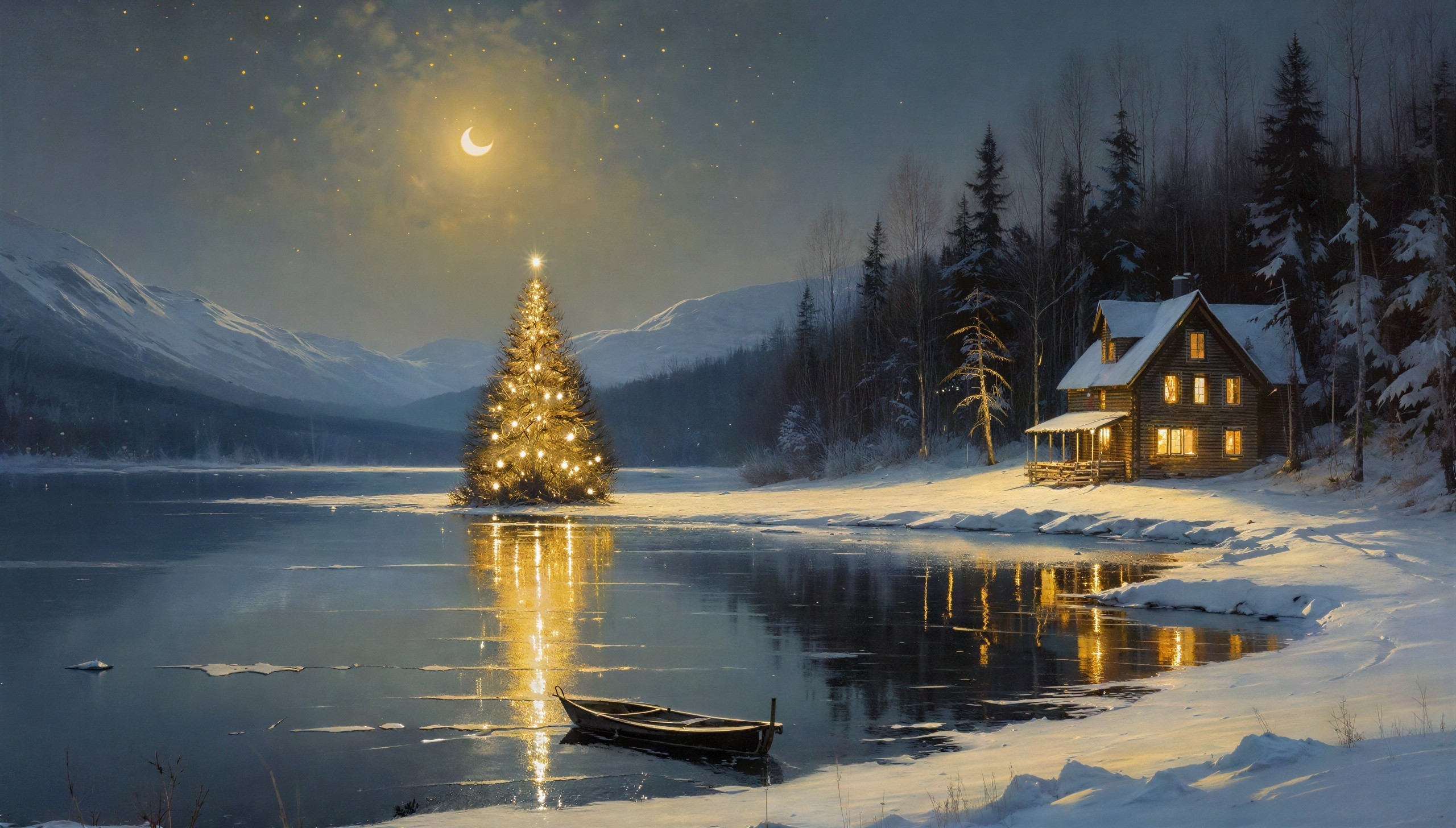 Serene Winter Landscape with Christmas Tree and Cabin