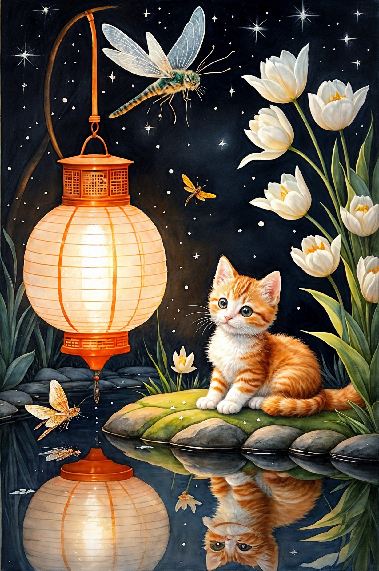 Nighttime Scene with Kitten by a Tranquil Pond