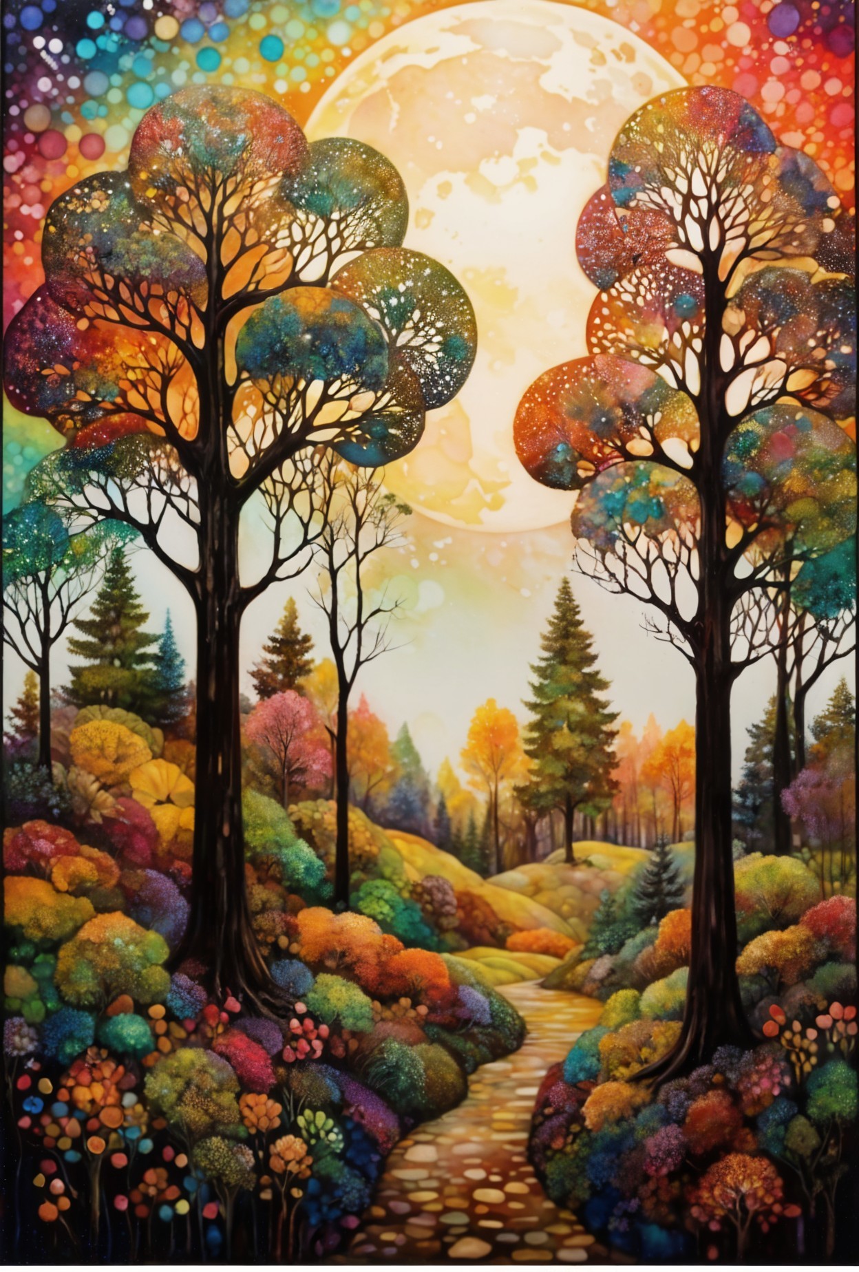 Vibrant Landscape with Towering Trees and Moonlight