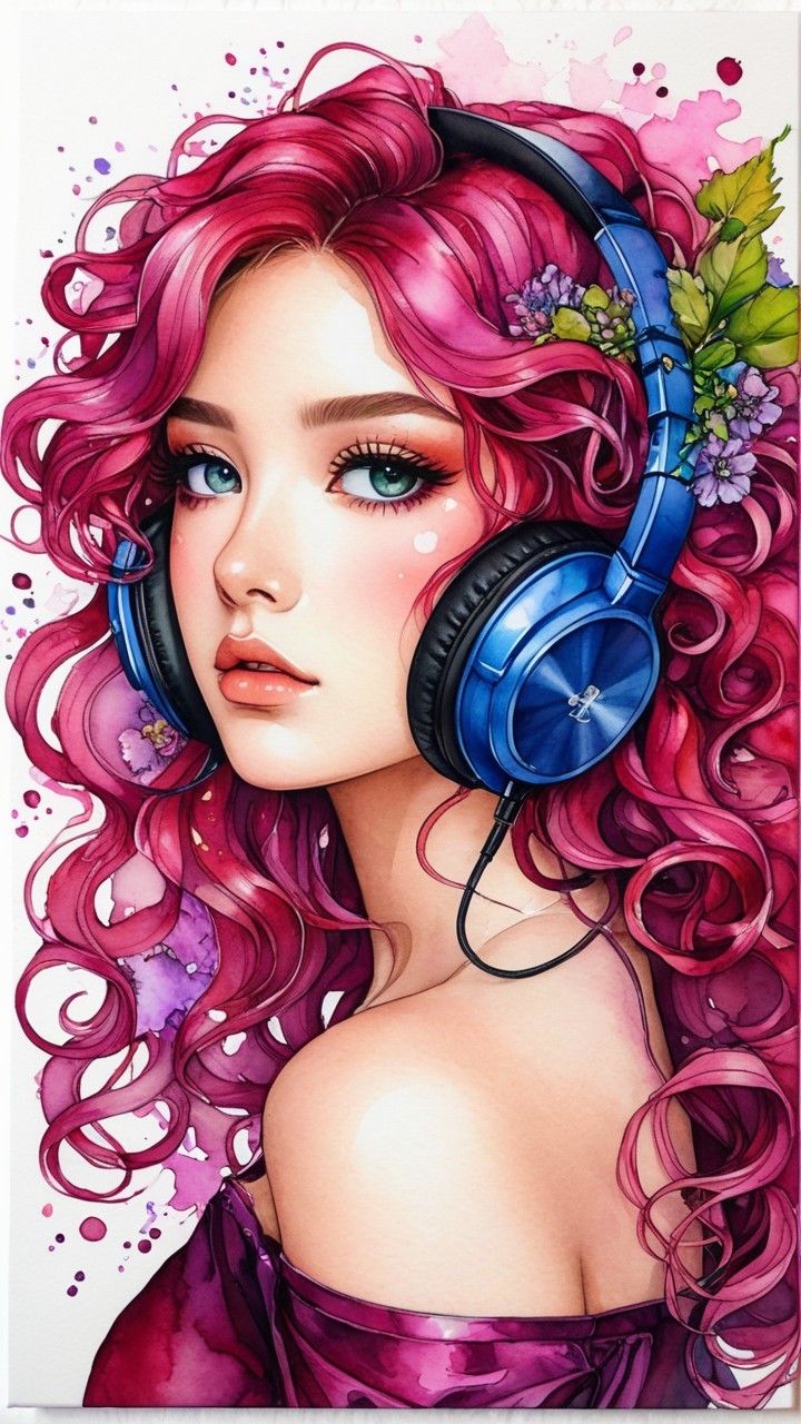 Illustration of a young woman with pink hair and headphones