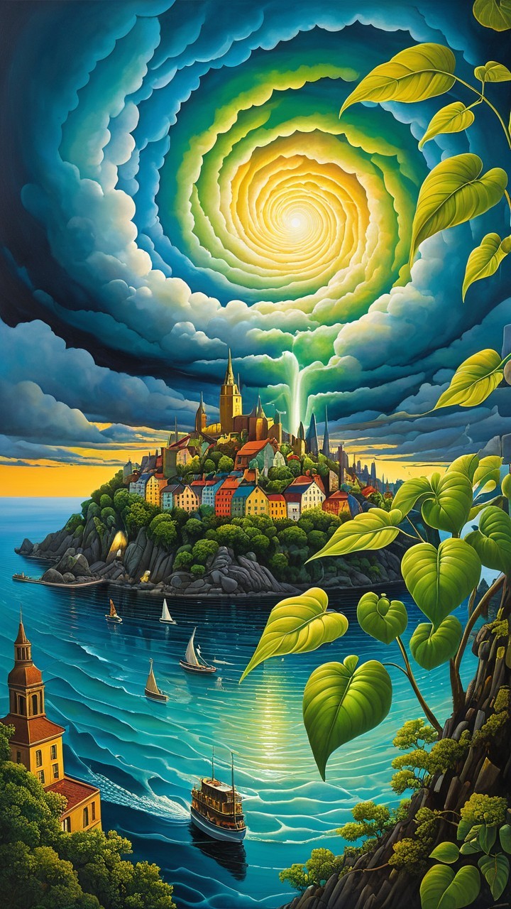 Surreal Coastal Town with Vibrant Landscape Elements