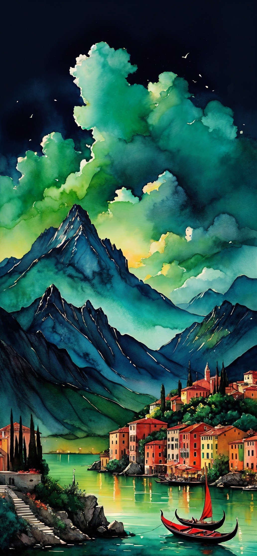 Mountain Landscape at Dusk with Village and Lake