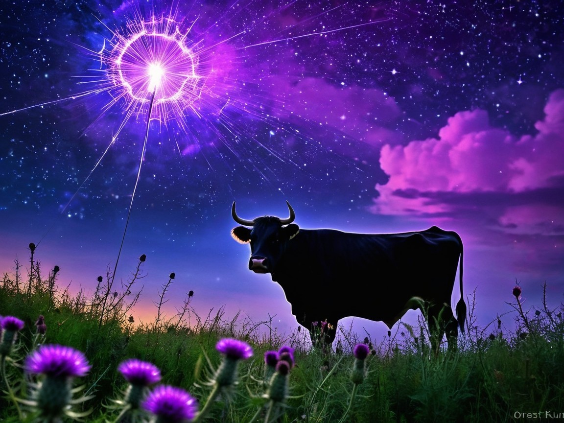 Surreal Landscape with Black Cow and Vibrant Field