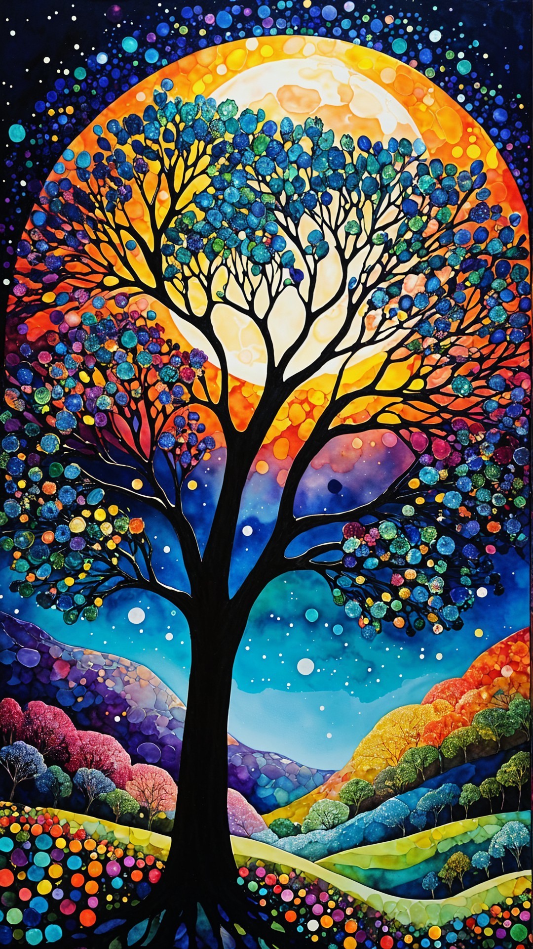 Surreal Landscape with Colorful Moon and Tree