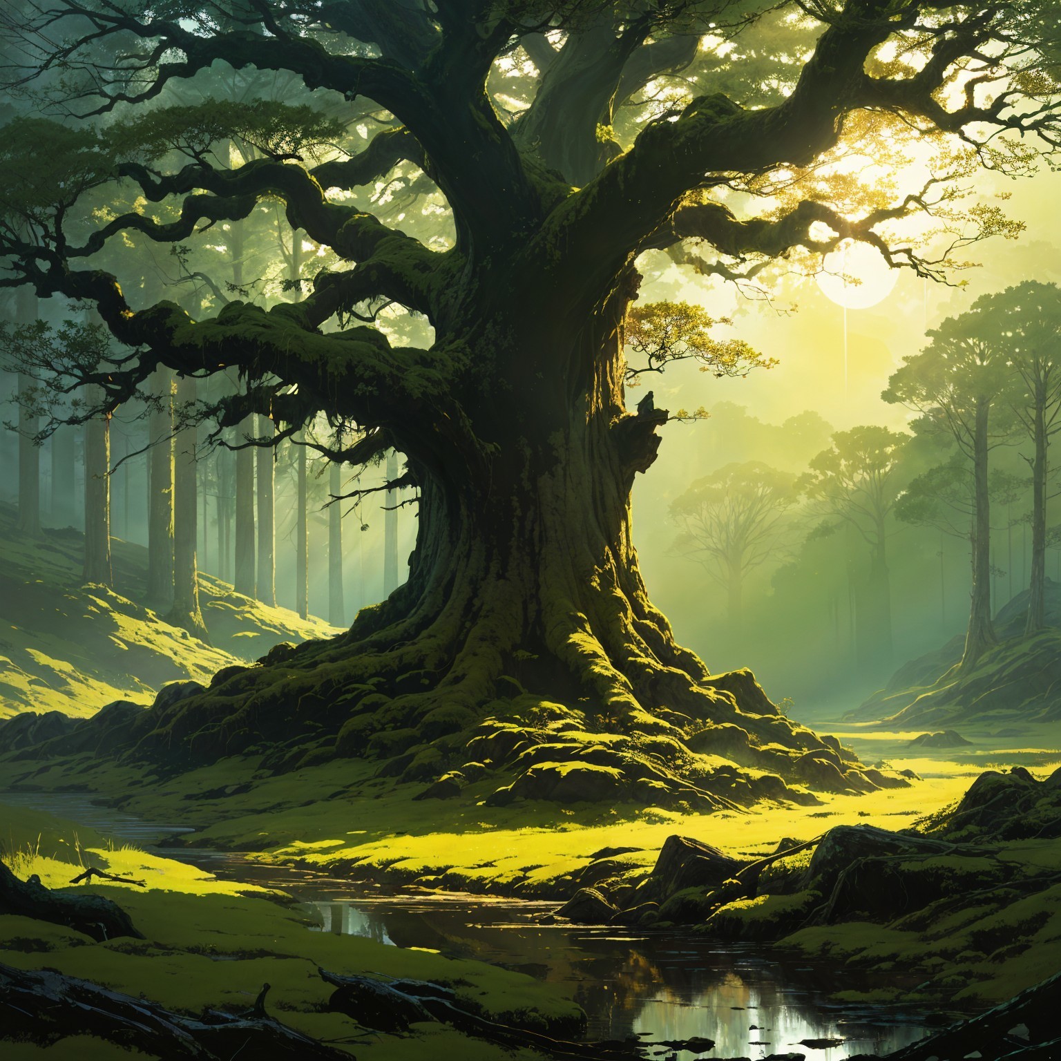 Ancient Tree in Lush Forest with Sunlit Foliage