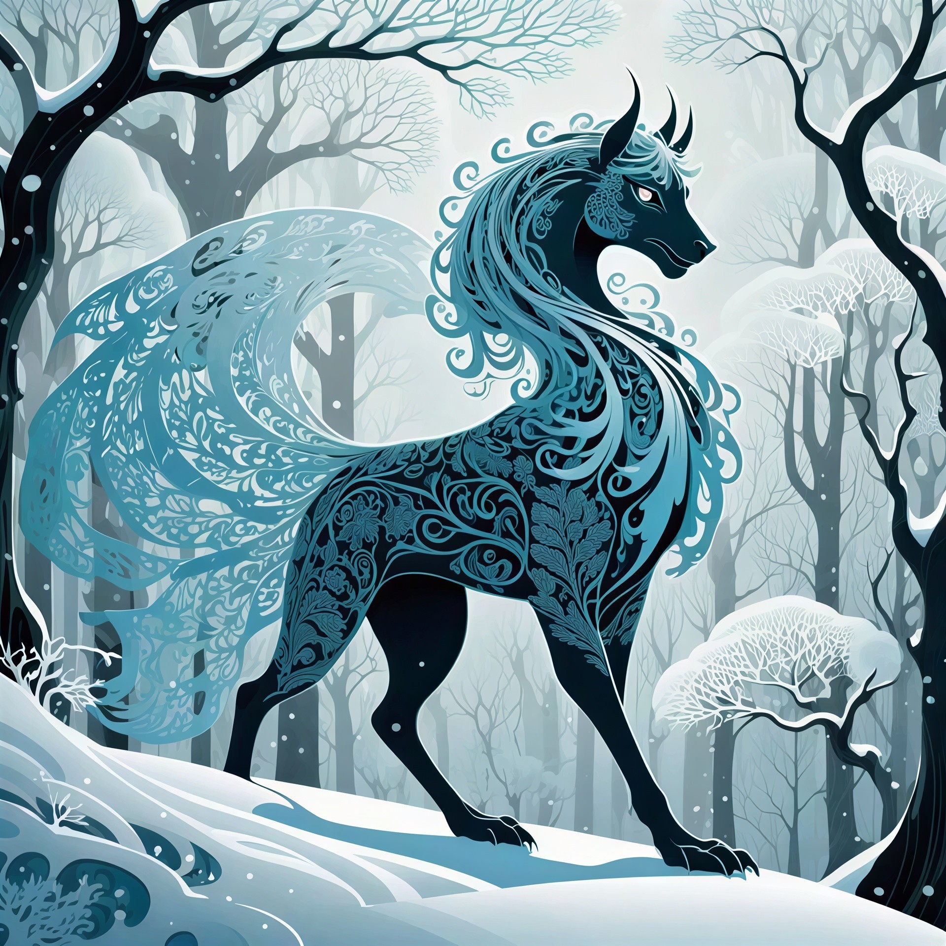 Ornate Turquoise Creature in Snowy Winter Landscape