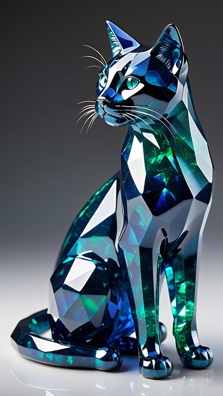 Geometric Cat Sculpture in Reflective Multicolored Materials