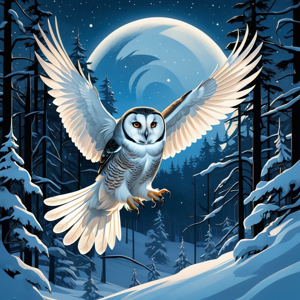 Snowy Owl in a Serene Winter Night Landscape