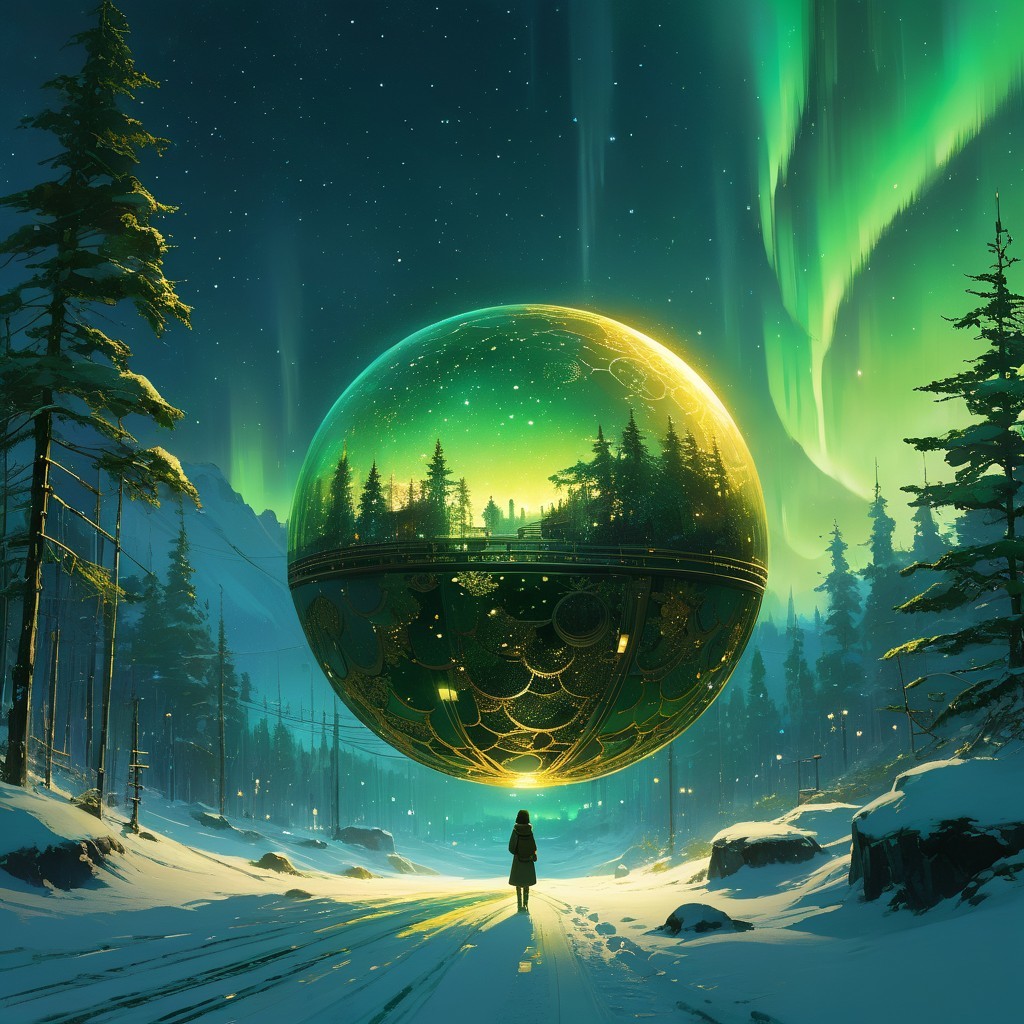 Lone Figure in Snowy Landscape with Glowing Sphere