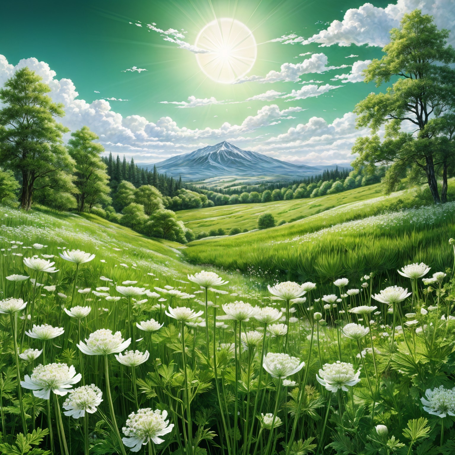 Vibrant Landscape with Hills, Mountains, and Blue Sky