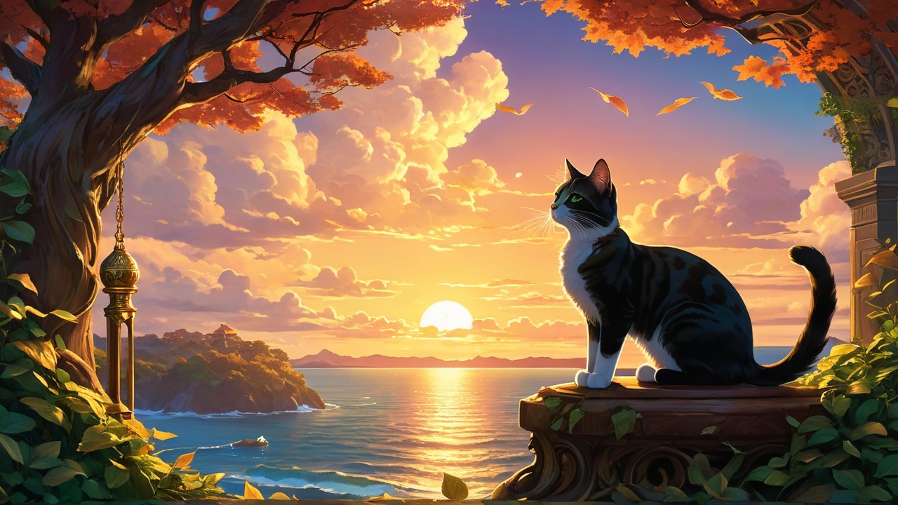 Sunset Scene with Cat and Tranquil Ocean View
