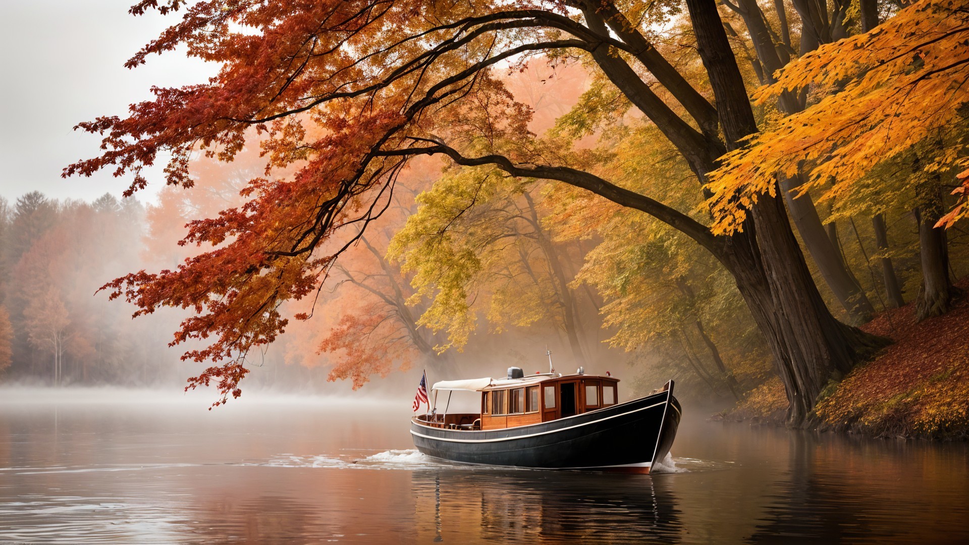 Autumn Scene with Boat on Misty Lake and Foliage