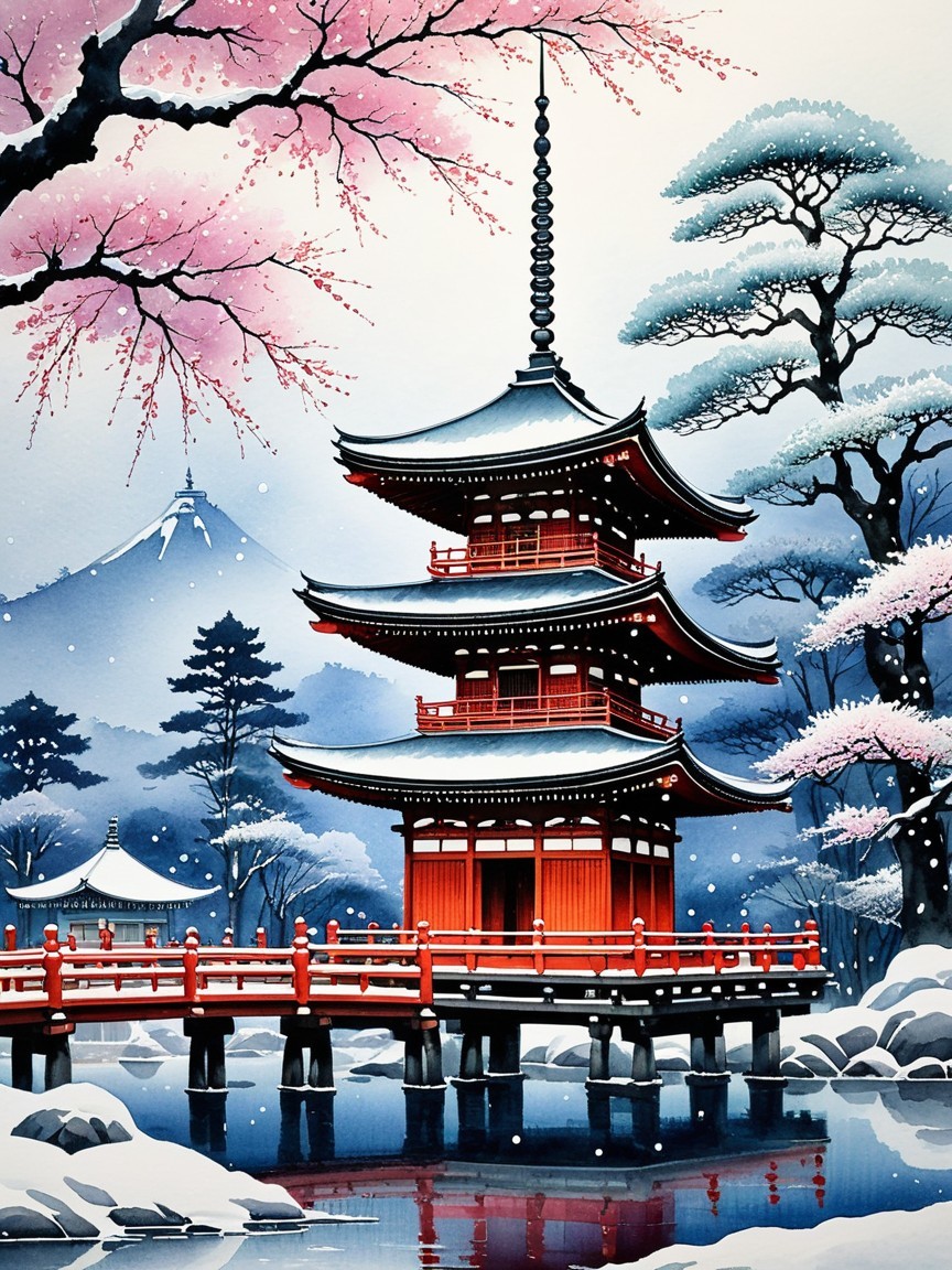 Winter Landscape with Japanese Pagoda and Cherry Blossoms