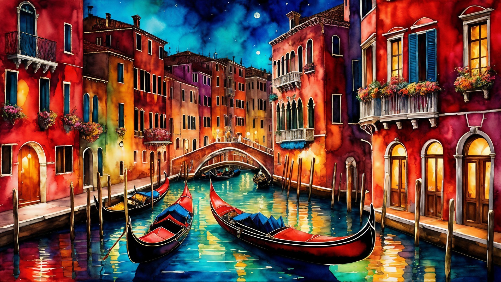 Watercolor Scene of Venetian Canal at Night
