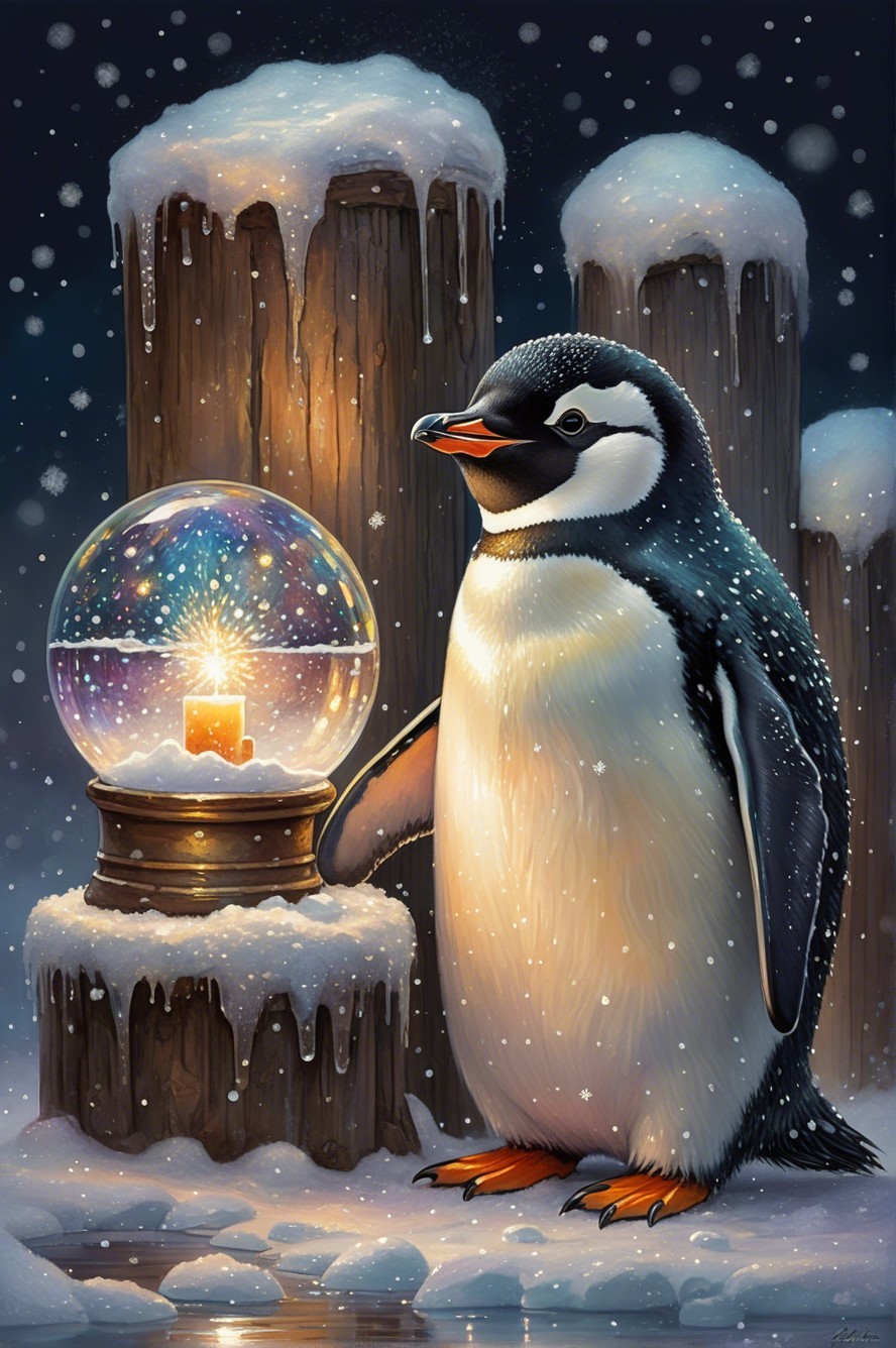 Penguin by Snow Globe on a Winter Night Scene