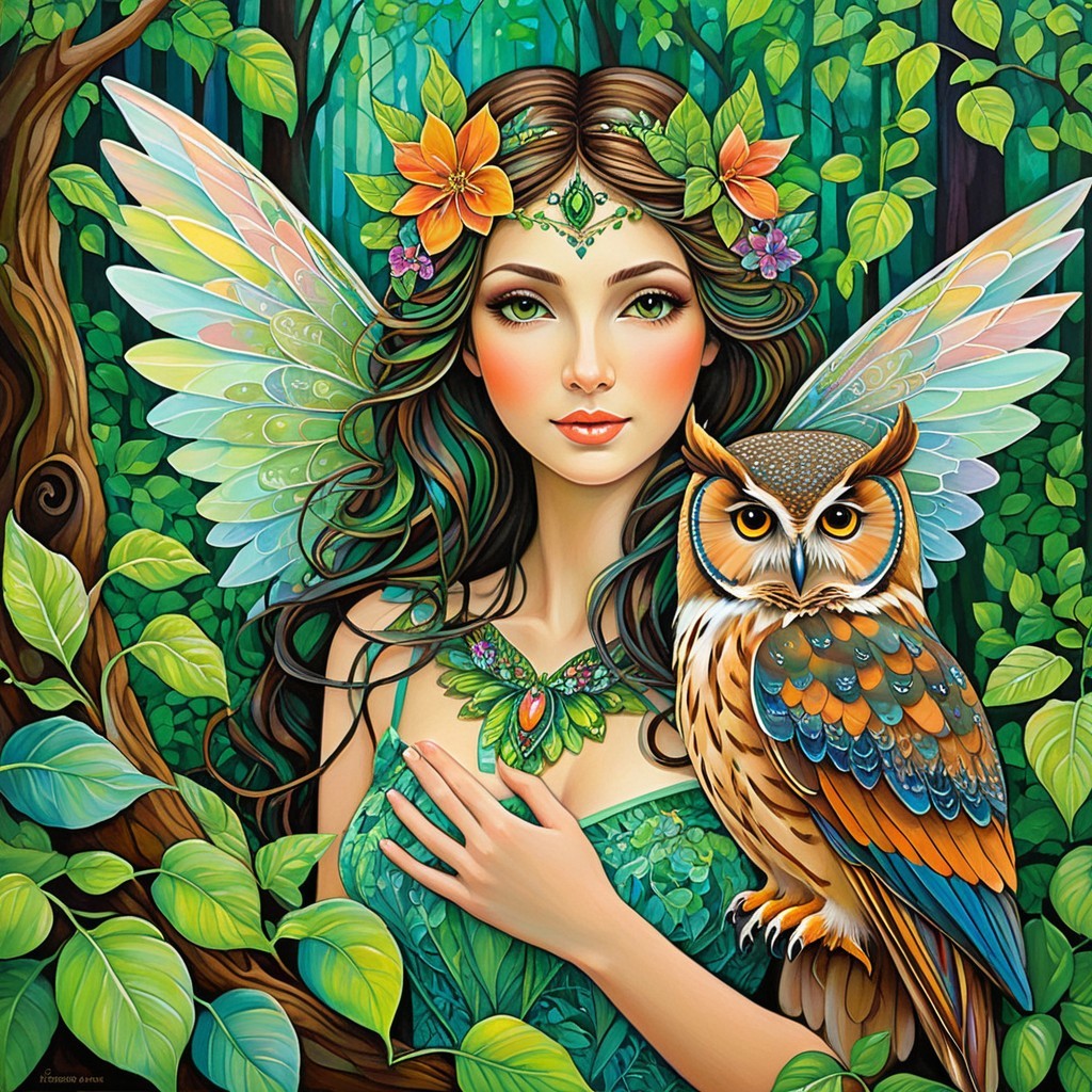 Mystical fairy with owl in enchanted forest setting