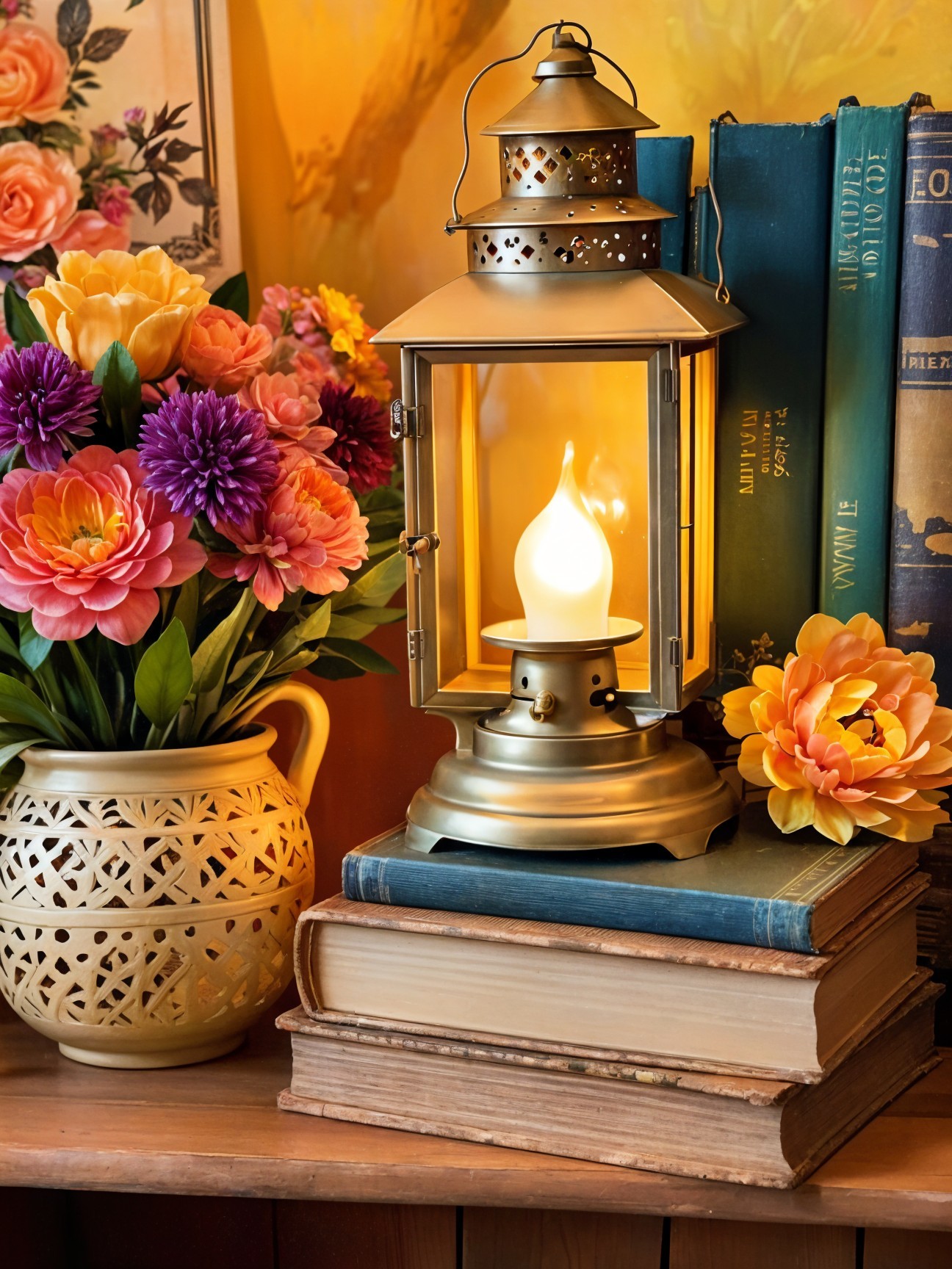 Vintage Lantern and Antique Books in Cozy Setting