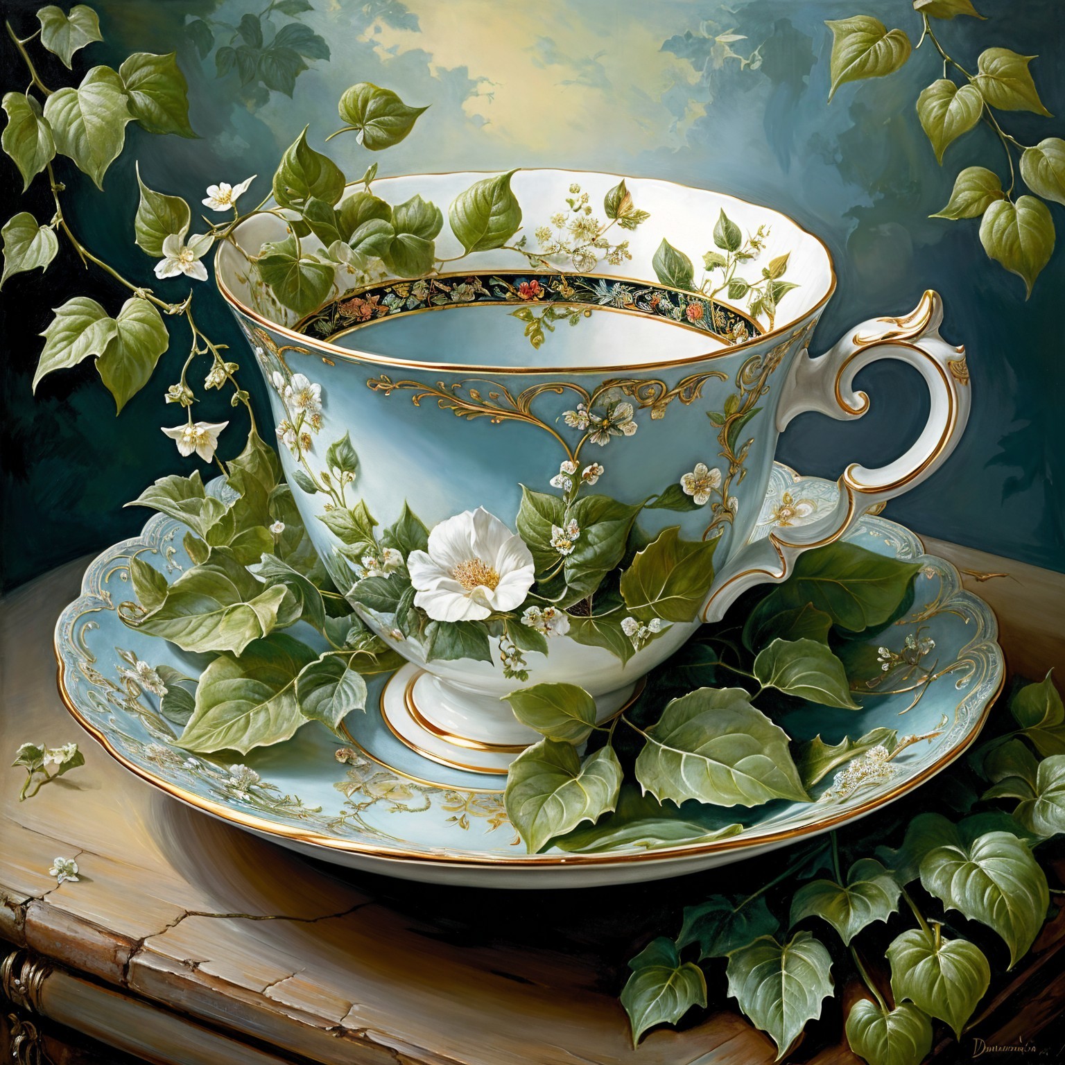 Large Floral Porcelain Teacup with Saucer Display