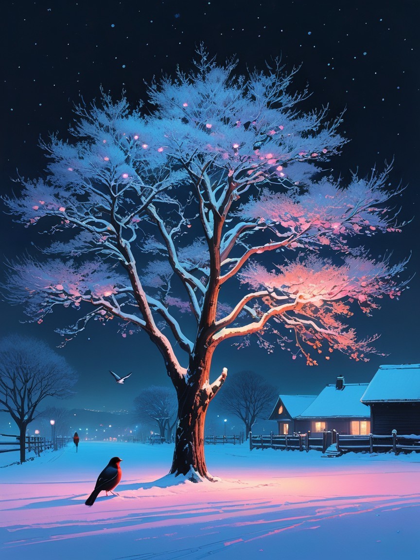 Winter Landscape with Snowy Tree and Cozy Cabin