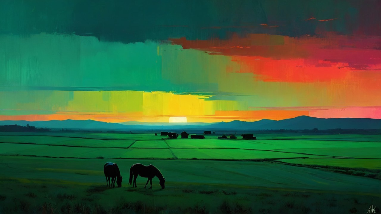 Serene Dusk Landscape with Grazing Horses and Sunset