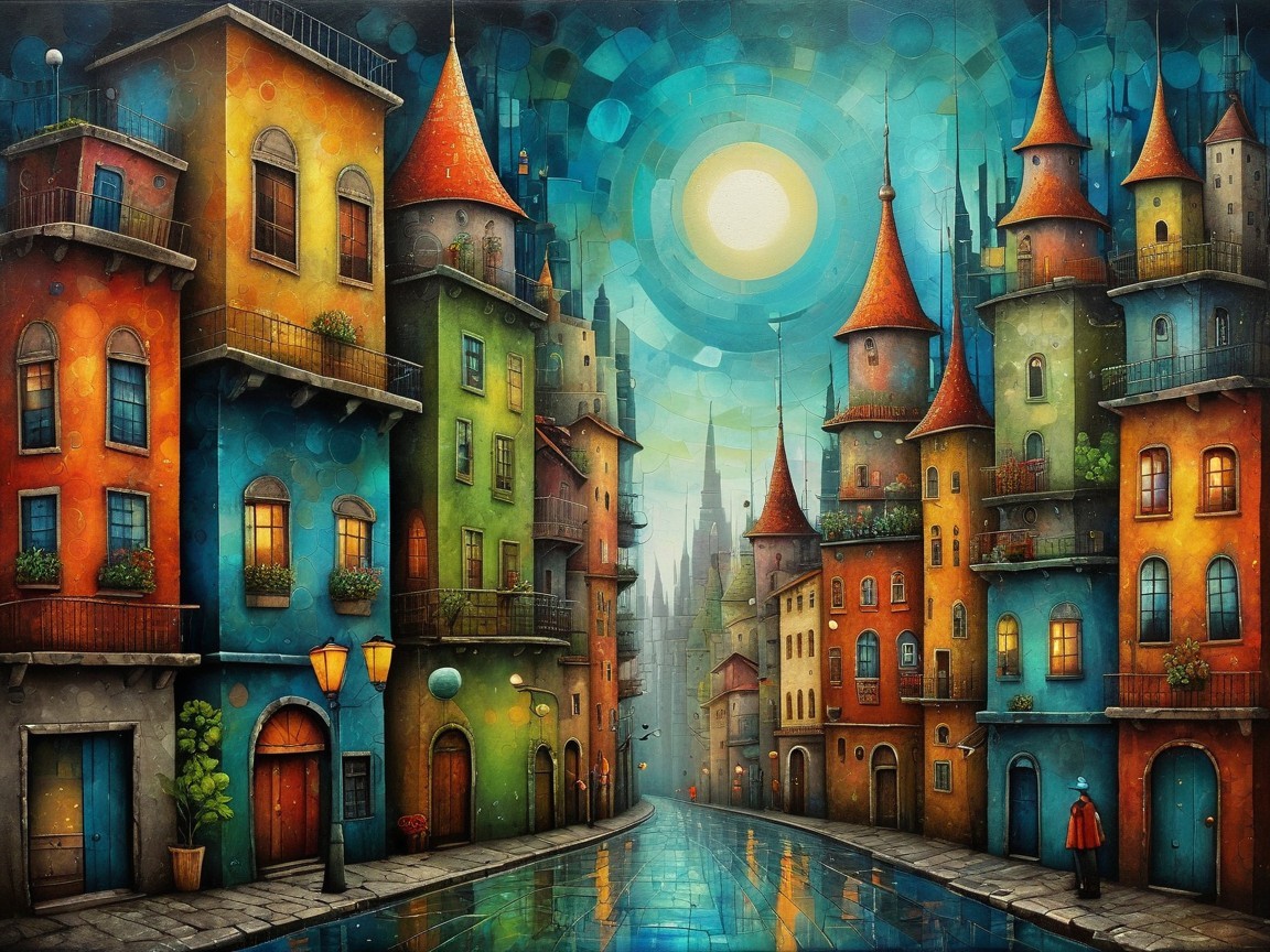 Whimsical Town with Colorful Buildings and Turrets