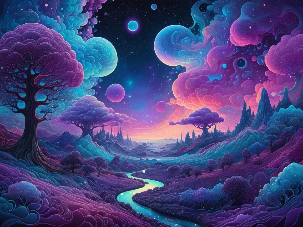 Vibrant Otherworldly Landscape with Cosmic Features