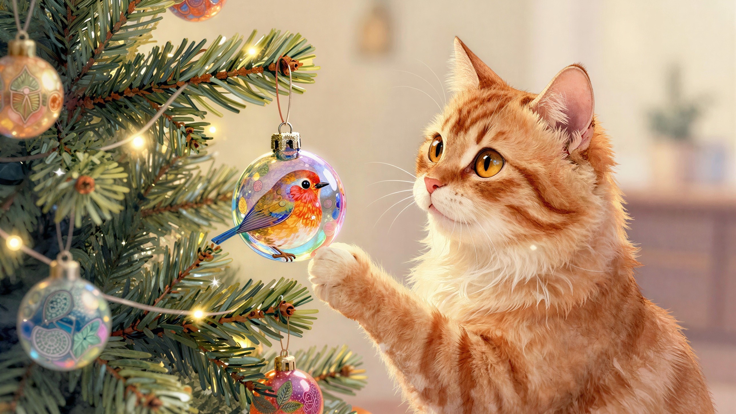 Close-up of an orange tabby cat with Christmas tree decor