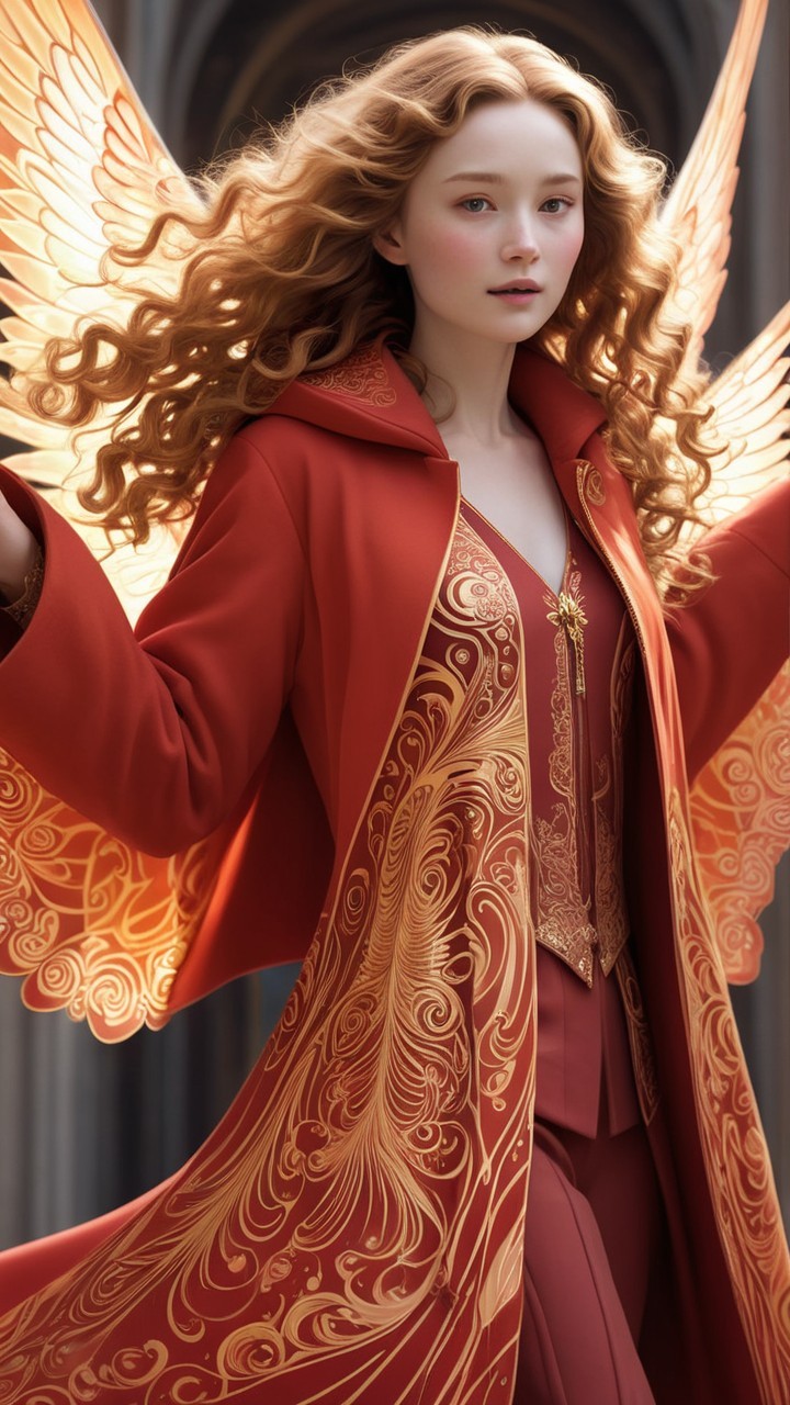 Young woman in red silk coat with golden accents