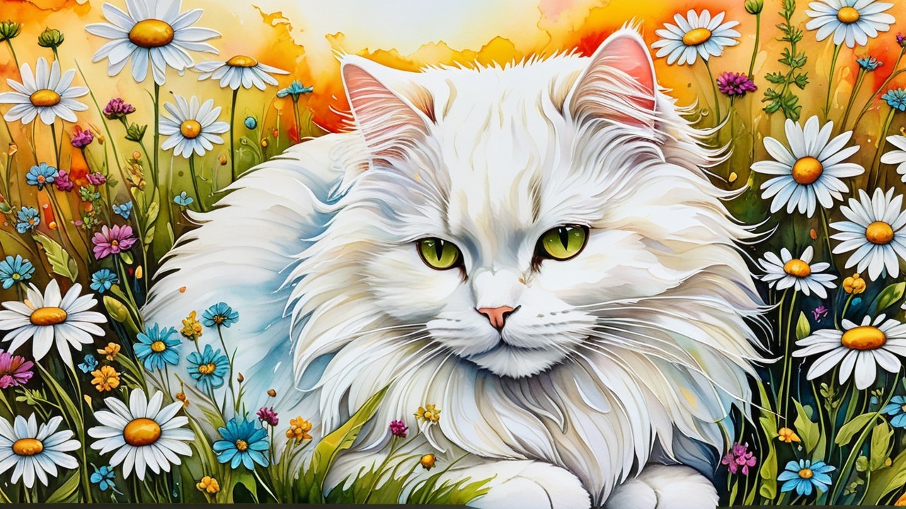 Fluffy White Cat in Colorful Wildflower Field