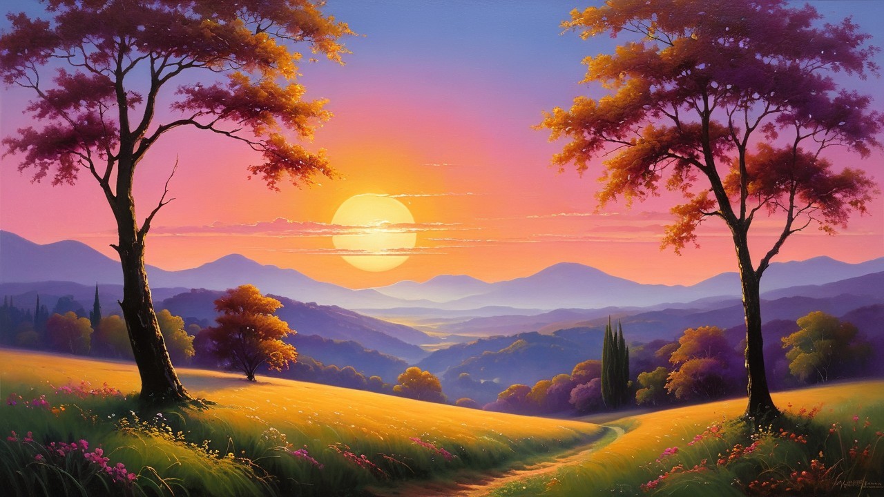 Serene Sunset Landscape with Mountains and Trees