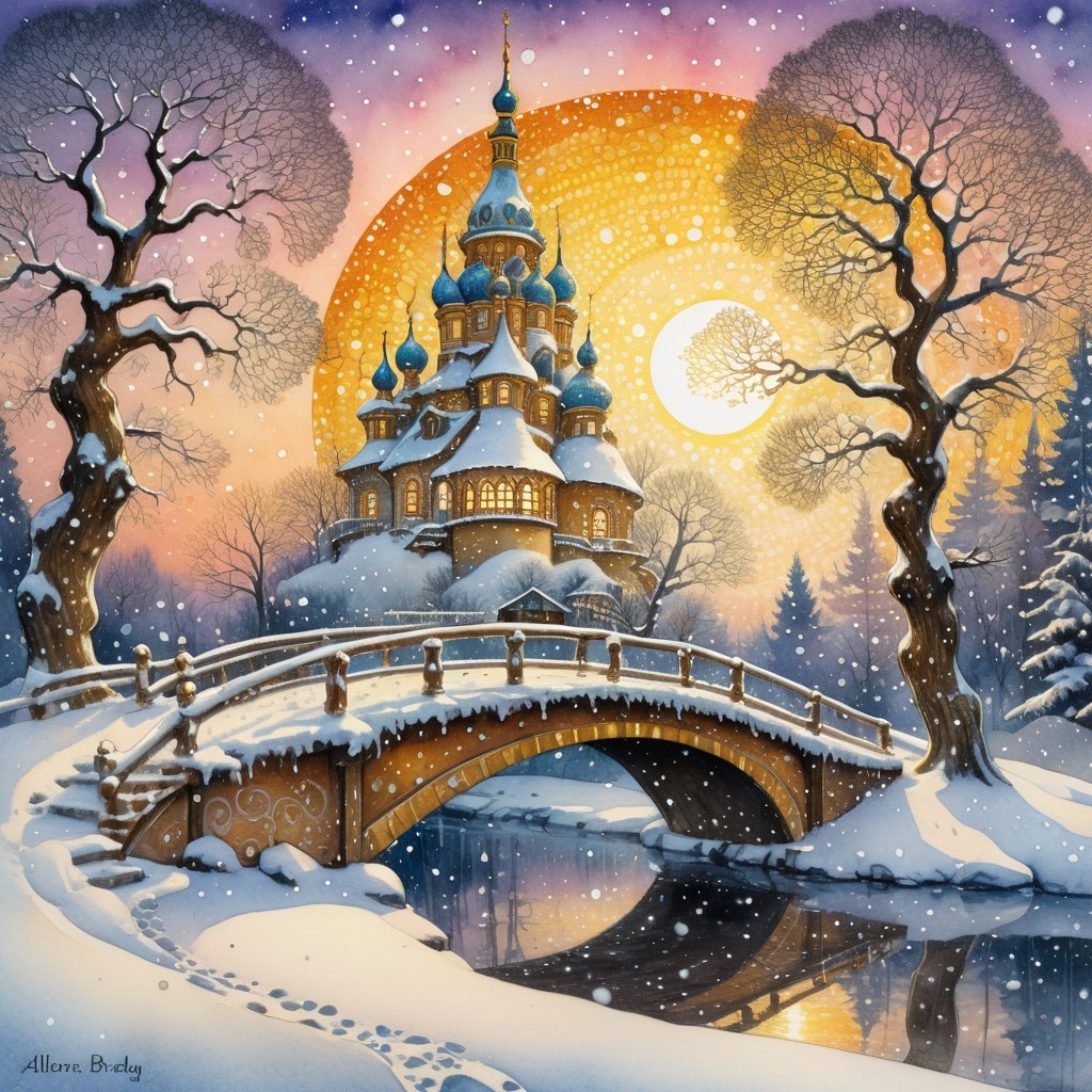 Whimsical Winter Castle with Radiant Sky in Watercolor