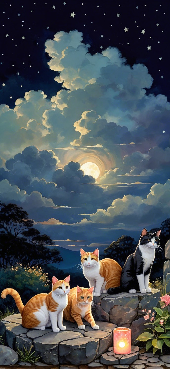 Cats Resting on Stone Steps Under Starry Sky
