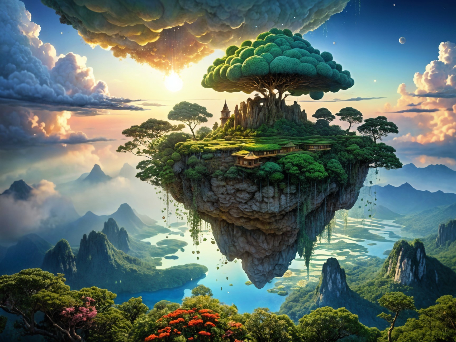 Surreal Landscape of a Floating Island with Waterfalls