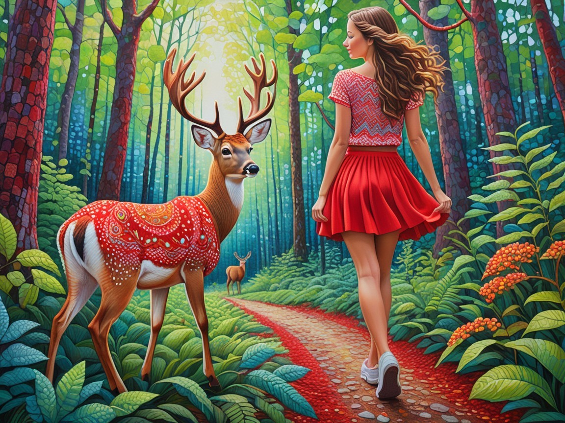 Young Woman in Red Skirt Strolling with Deer in Forest