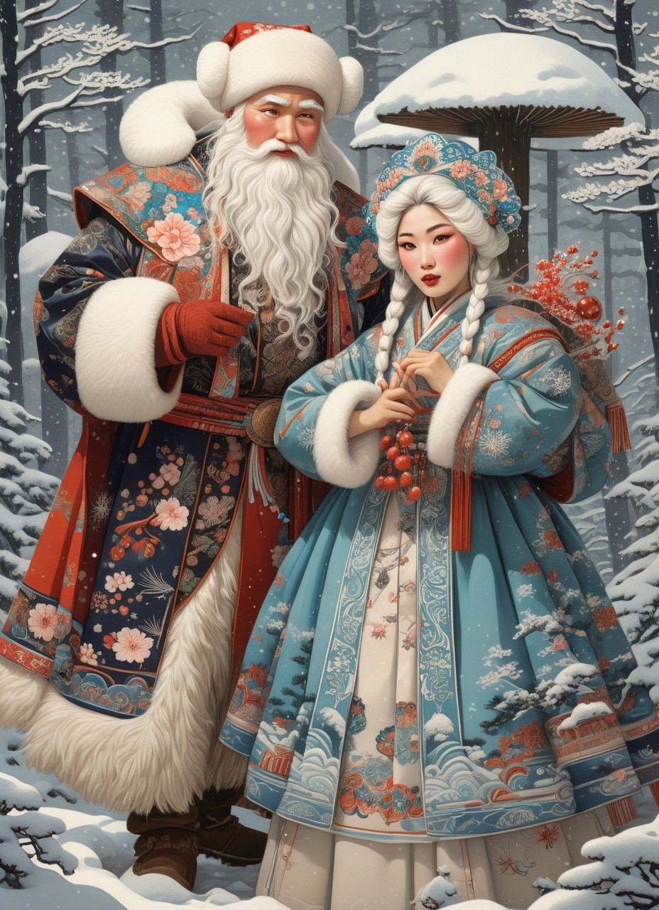 Asian Santa Claus and Woman in Snowy Forest Scene