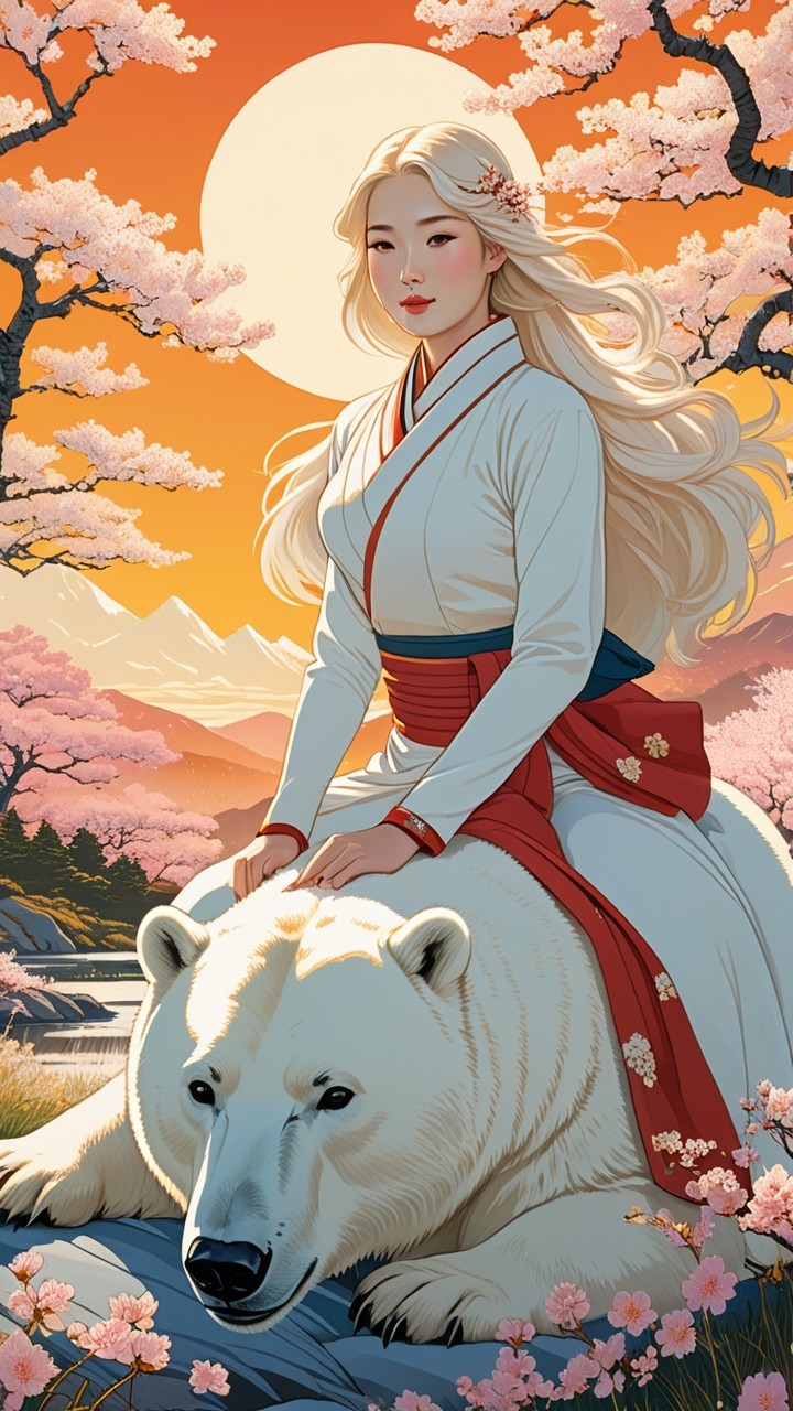 Japanese woman in kimono riding polar bear under moon