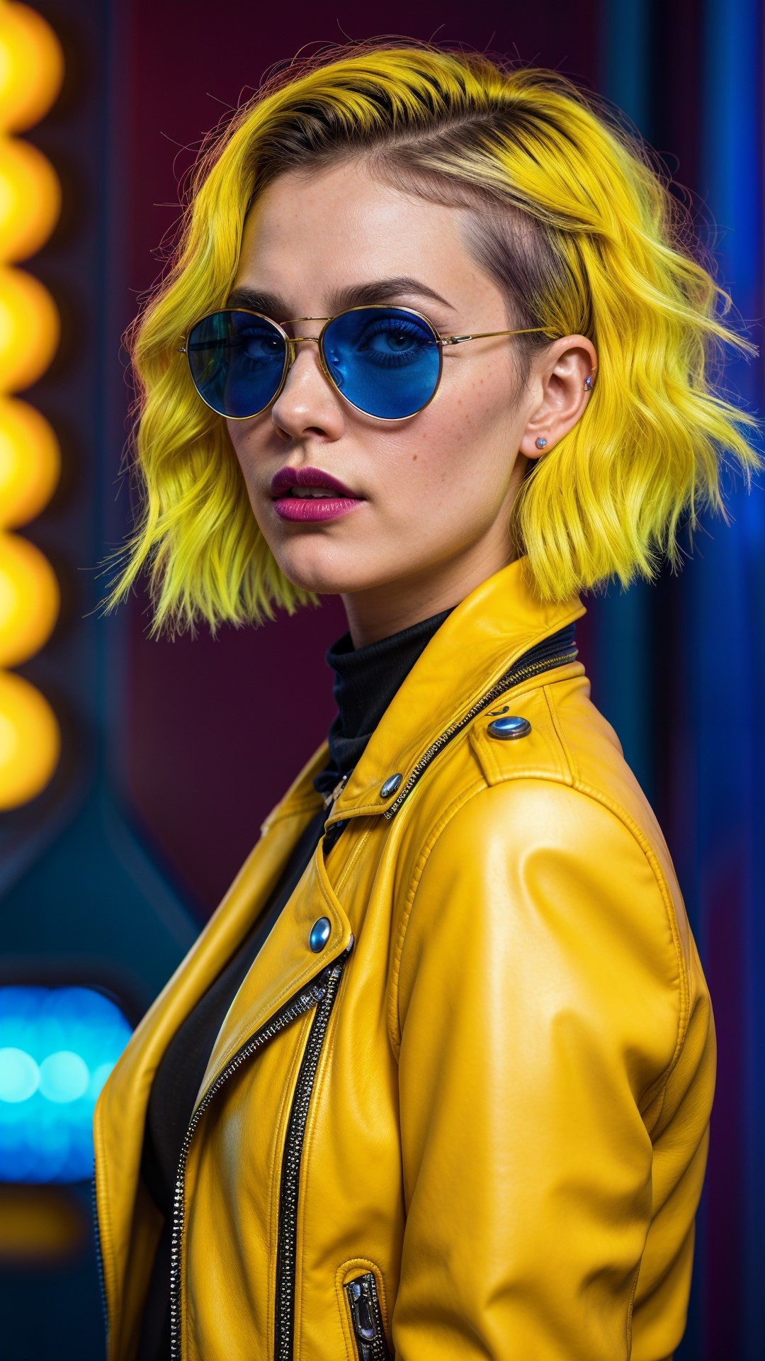 Young Woman in Yellow Jacket with Blue Sunglasses