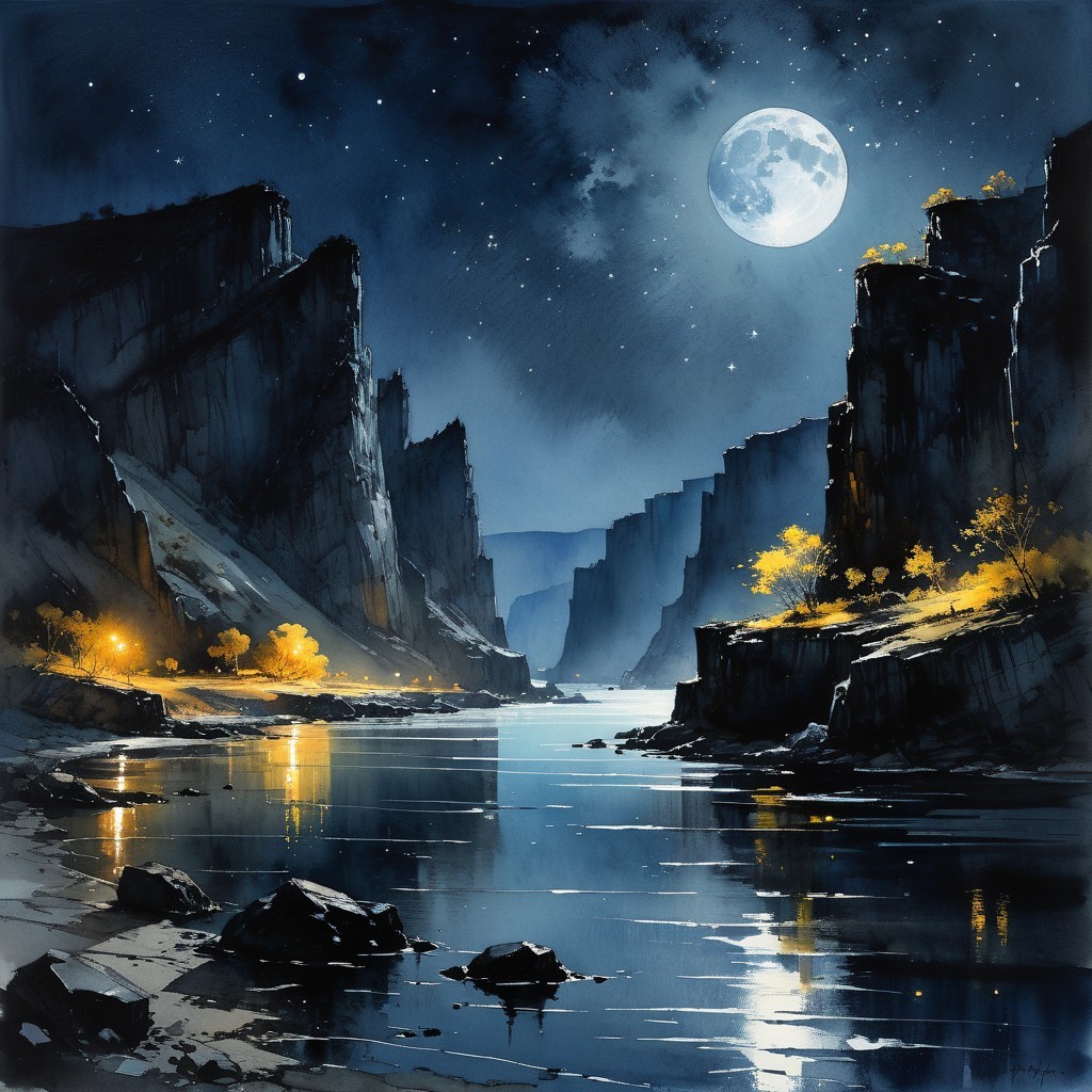 Serene Night Landscape with Cliffs and Moonlight