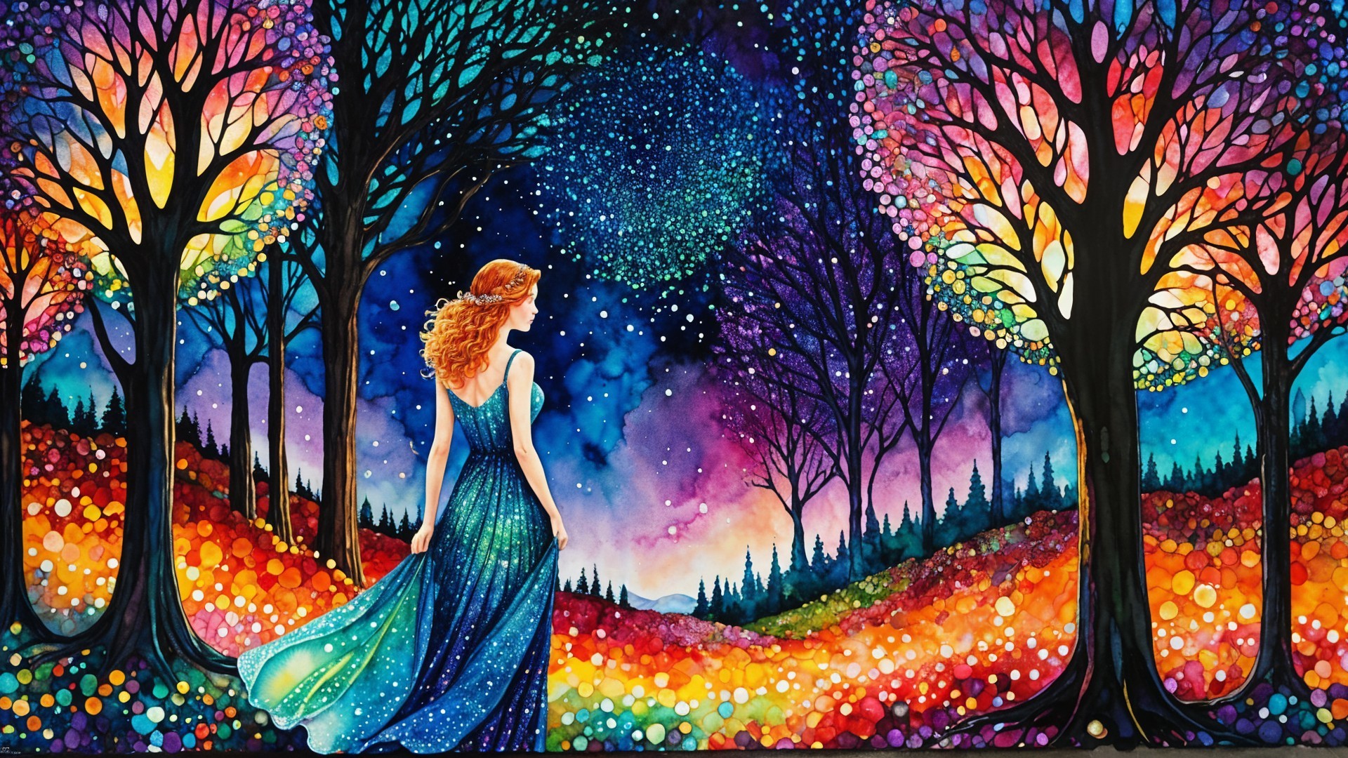 Woman in flowing gown in vibrant, colorful landscape