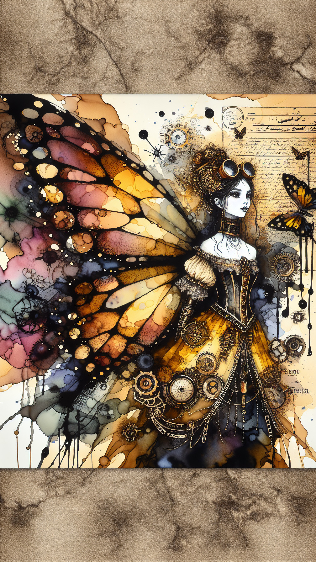 Steampunk Woman with Butterfly Wings and Vibrant Background