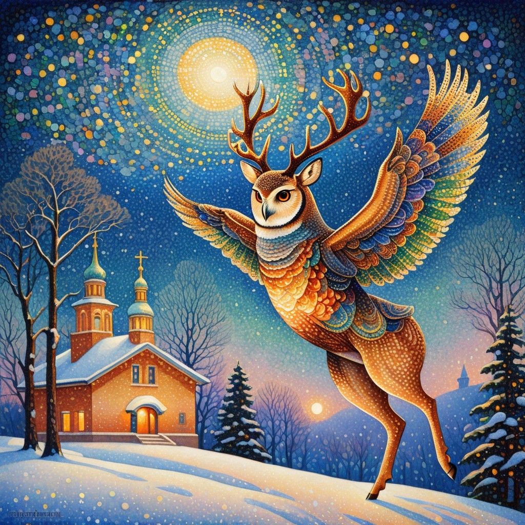 Painterly Mosaic of a Hybrid Creature in Winter Wonderland