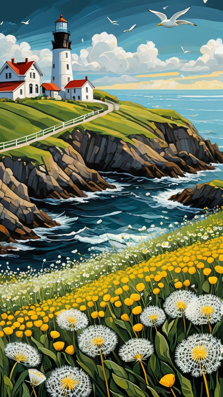 Coastal Landscape with Lighthouse and Dandelion Field