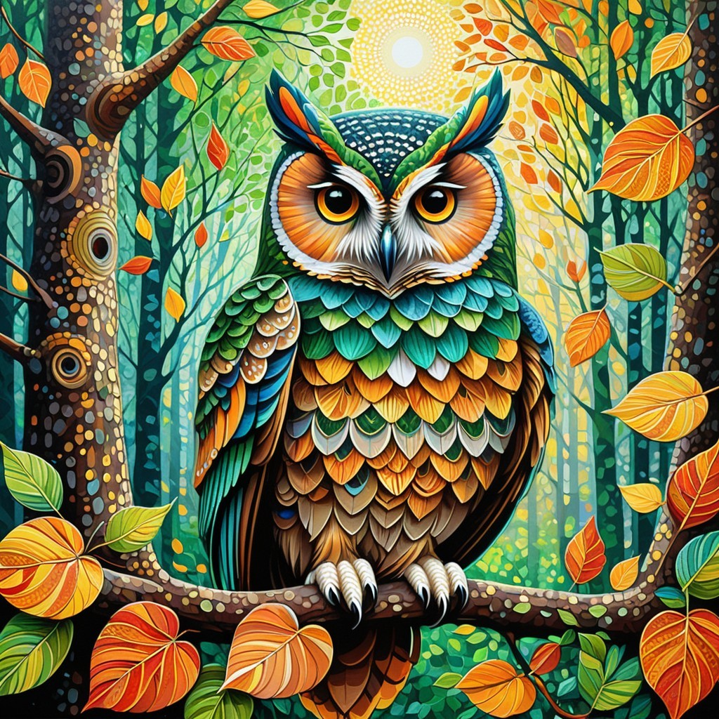 Vibrant Owl Illustration in Autumn Forest Setting