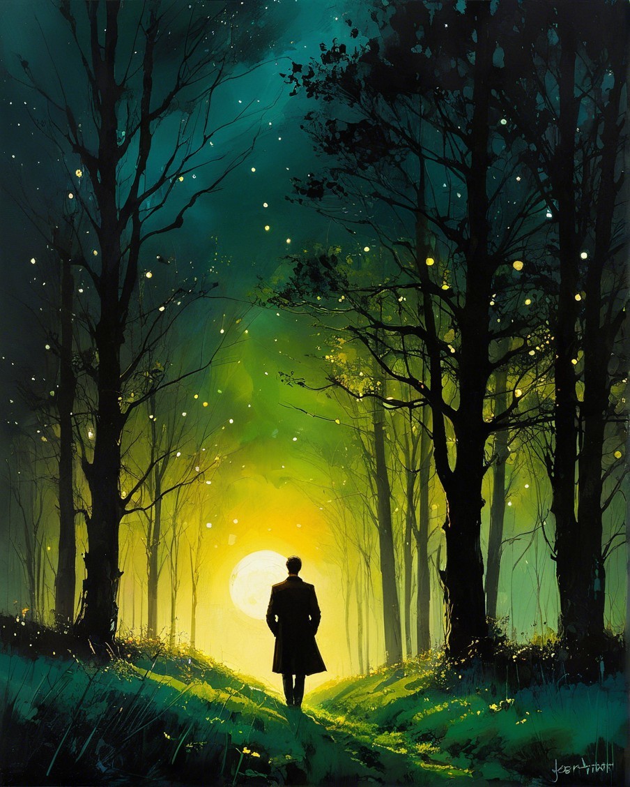 Solitary Figure on Winding Path in Mystical Forest
