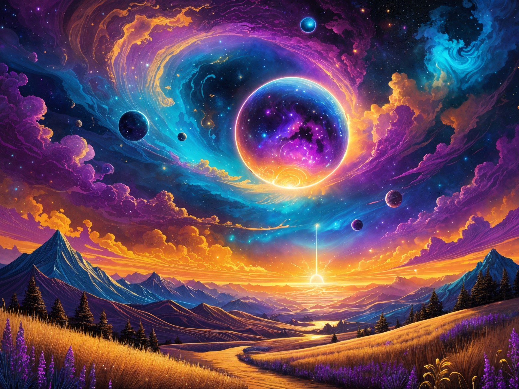 Vibrant Cosmic Landscape with Mountains and Valley